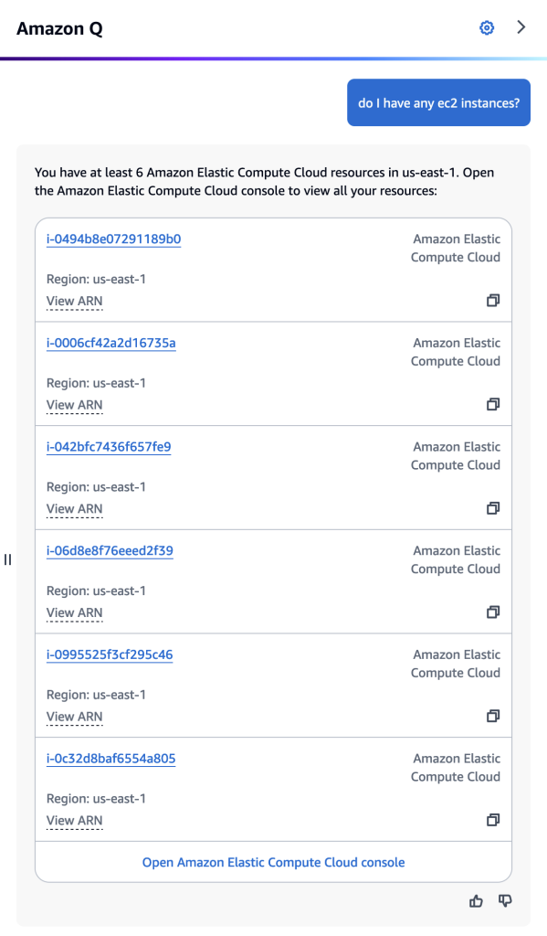 Amazon Q Developer chat screenshot showing the results of the question: “Do I have any ec2 instances?”